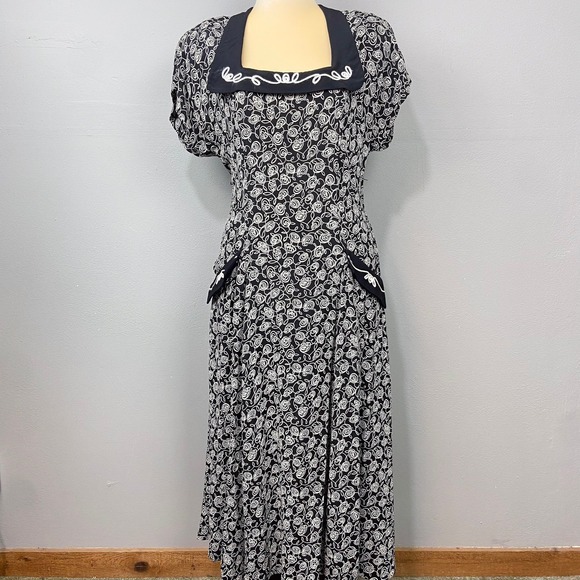 Vintage Dresses & Skirts - Vintage 80s 90s Laundry Shelli Segal Dress Sz 14 Black Floral Retro Swing Pinup